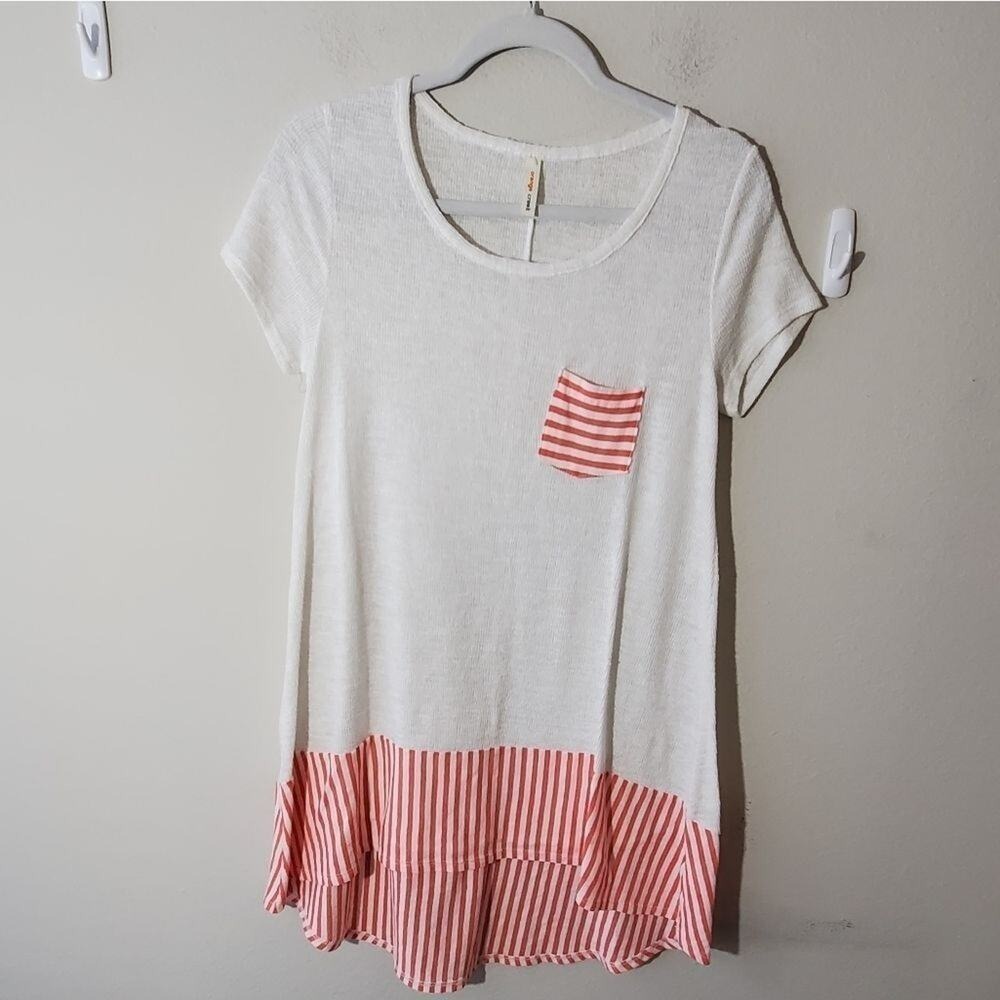 Orange Creek Womens Short Sleeve Striped Pocket High Low Top Ivory Coral OD761TR